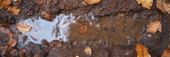 Fototapeta premium Autumn leaves surrounding a muddy puddle in a forest pathway