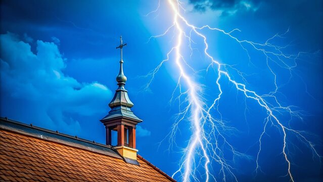 Lightning Rod Protection on Building Rooftop, Clear Blue Sky Day Stock Photo