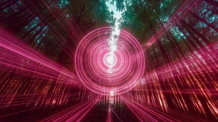 A celestial eye in the sky radiating glowing light patterns onto a serene landscape