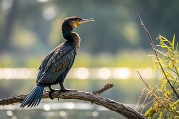 Fototapeta premium Little Cormorant Bird Perched on Branch with Bokeh Background - Wildlife Stock Photo