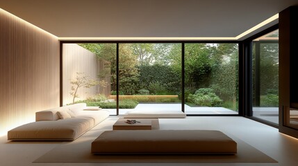 Fototapeta premium Modern Minimalist Living Room with Wooden Walls, White Concrete Floor, Panoramic Windows, and Garden View, Interior Design, Architecture, Luxury Living, Sustainable Home