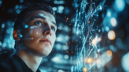 A focused individual gazes thoughtfully at a digital interface, surrounded by glowing data points and abstract visuals representing technology and innovation.