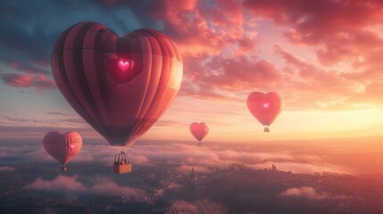 Obraz premium A Valentine's Day themed hot air balloon ride, with heart-shaped balloons soaring high above a scenic landscape