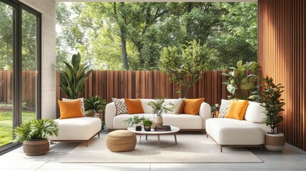 Modern Minimalist Living Room with Wooden Walls, White Concrete Floor, Panoramic Windows, and Garden View, Interior Design, Architecture, Luxury Living, Sustainable Home