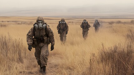 Soldiers in gas masks maneuvering through a simulated chemical warfare training field.
