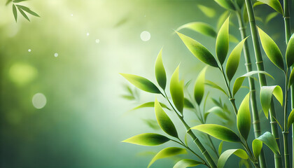 Fototapeta premium Green bamboo leaves are captured in soft natural light, with a blurred background creating depth and focus. The vibrant green tones of the leaves stand out, Generative AI