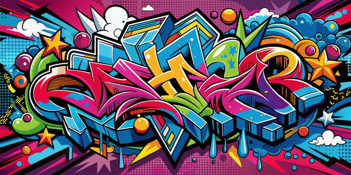 Colorful graffiti art with vibrant letters and dynamic shapes.
