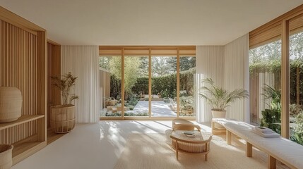 Fototapeta premium Modern Minimalist Living Room with Wooden Walls, White Concrete Floor, Panoramic Windows, and Garden View, Interior Design, Architecture, Luxury Living, Sustainable Home