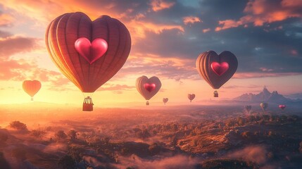 Obraz premium A Valentine's Day themed hot air balloon ride, with heart-shaped balloons soaring high above a scenic landscape