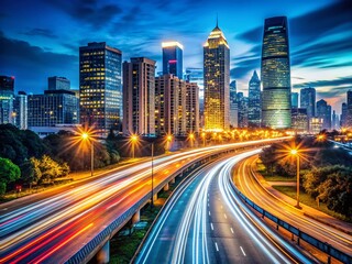 Fototapeta premium Long Exposure City Lights, Urban Night Scene, Blurred Motion, Dynamic Cityscape, Night Photography