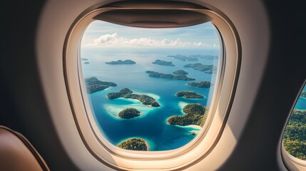 The view from a private jets window showing a vast ocean with scattered islands below.