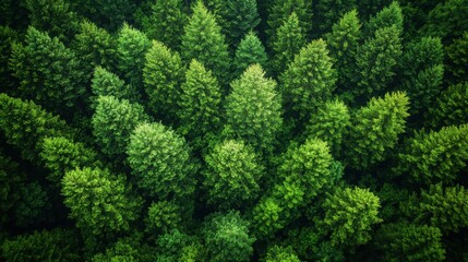 Aerial view of lush green forest canopy with dense foliage patterns and vibrant tree tops