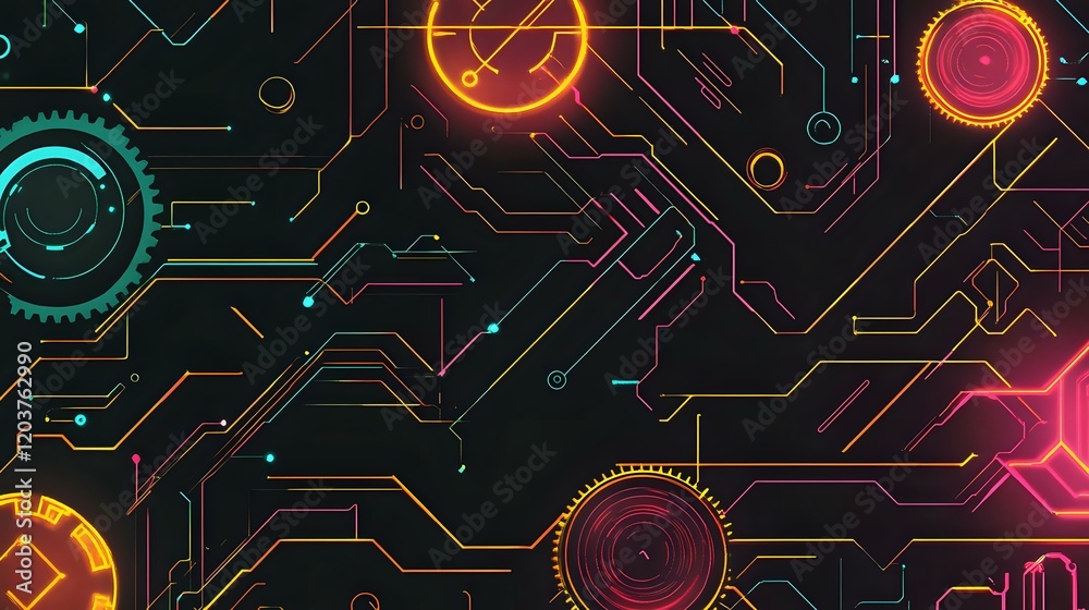 Wall mural abstract depiction of industrial connectivity using glowing lines, gears and circuit patterns on a b