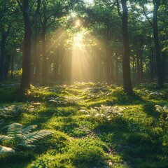 Obraz premium Sunlight streaming through lush forest canopy creating tranquil atmosphere