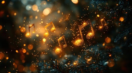 Magical musical notes with festive bokeh lights on evergreen branches
