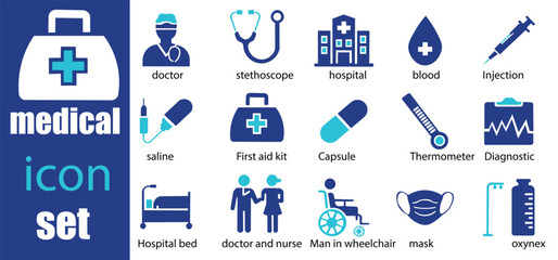 Medical  Icons set. Featuring detailed illustrations of Hospital, patient, medicine, pharmacy, nurse, prescription and medical report.  Cohesive set of scalable vector icons.