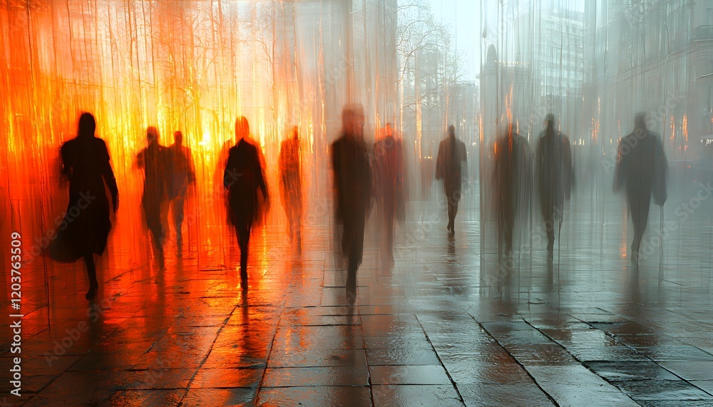 Poster Abstract Scene of Silhouetted Figures in Motion Behind a Colorful Curtain of Light with Reflections on a Wet Pavement During a Rainy Evening