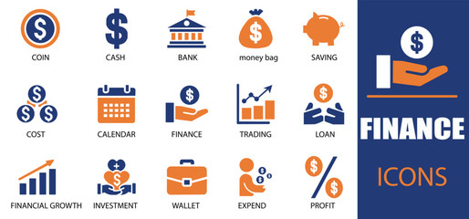 Finance icon set. Featuring detailed illustrations of  loan, cash, saving, financial goal, profit, budget, mutual fund and earning money  icons. Cohesive set of scalable vector icons.