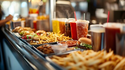 Fototapeta premium A bustling fast food counter with trays of fries drinks and burgers being served.