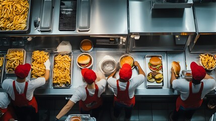 A bustling fast food kitchen with workers assembling burgers and frying fries.