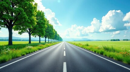 Asphalt road cutting through a vibrant green landscape under a sunny sky, lined with lush trees and wildflowers, evokes a sense of journey and freedom.