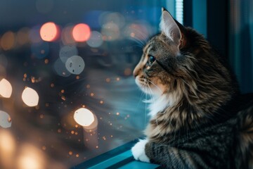 A contemplative cat gazes out a window at a cityscape, with colorful bokeh lights creating a serene and cozy atmosphere.