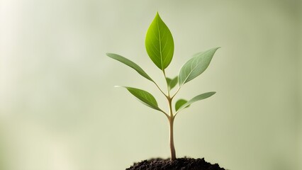 Close-up of a vibrant green seedling emerging from dark soil against a soft, pale green background.