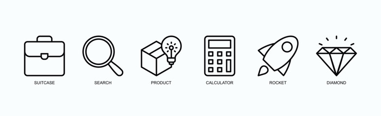 Elevate Icons Set Icon Set Isolated Vector Illustration Concept With Icon Of Suitcase, Search, Product, Calculator, Rocket, Diamond In Outline Style
