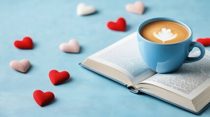 Cozy Blue Coffee Cup With Latte Art on Open Book Surrounded by Felt Hearts on a Soft Blue Background for Romantic and Relaxing Themes
