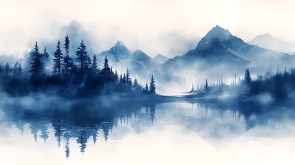 Papier peint photo intissé Serene Blue Mountain Lake: A breathtaking watercolor landscape painting depicting a tranquil lake reflecting majestic mountains shrouded in a mystical blue mist.