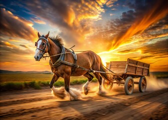 Obraz premium Long Exposure Photo of Draft Horse Pulling a Wagon at Sunset