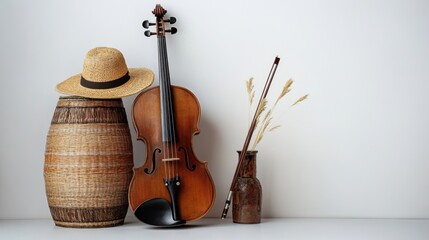 Rustic still life featuring a violin, straw hat, barrel, and decorative vase with wheat