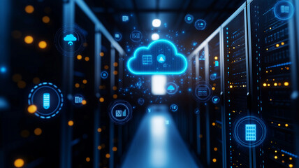 Futuristic digital cloud technology concept with glowing icons in data center. image showcases interconnected cloud symbols and data storage elements, emphasizing innovation and connectivity