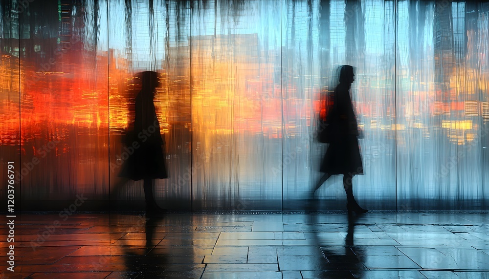 Poster silhouettes of people walking through a colorful waterfall-like installation with urban cityscape re