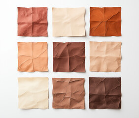 collection of various textured paper swatches in warm tones, showcasing shades of beige, peach, and brown. crinkled surfaces add depth and character, perfect for design inspiration