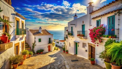 Fototapeta premium Vintage Style Photography of Whitewashed Heaven: Serene Coastal Village with Whitewashed Buildings, Clear Blue Skies, and Sunlit Streets, Invoking Calmness and Peaceful Atmosphere in Timeless Charm