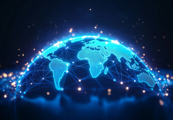 glowing blue world map with global network, showcasing interconnected continents and vibrant lights. This represents digital connectivity and global communication