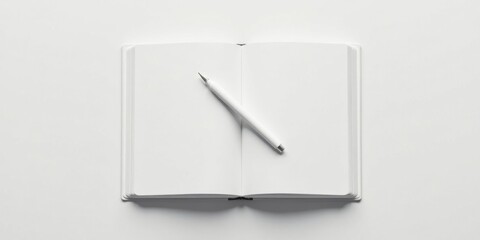 A pristine white notebook lies open, displaying blank pages ready for creative expression, accompanied by a sleek white pen poised for writing or sketching, symbolizing potential and inspiration.