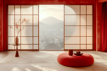 Red Japanese room, Mt.Fuji view, serene sunrise