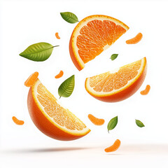 Fresh orange slices with green leaves floating in air, creating vibrant and lively scene. juicy fruit segments evoke sense of freshness and vitality