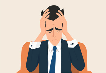 businessman with headache, frustrated businessman holding his head sitting alone in a work chair. Failure or depression, stupidity, stress and anxiety on failure concept.