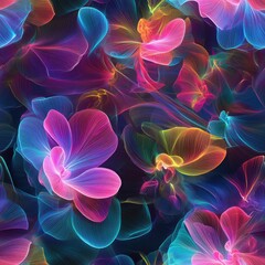 Obraz premium Floral fractals with self - replicating 3D flowers in luminous neon tones . Seamless abstract 3d pattern background