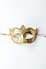 Elegant gold masquerade mask with intricate designs on white background