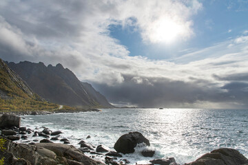 Low angle view of Southern coastline of the island of Austvagoya on Lofoten island chain...