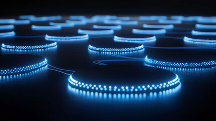 Glowing futuristic neon circles connected by glowing lines on dark background