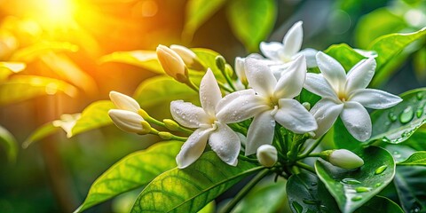 Fototapeta premium White Jasmine Flower Buds After Rain with Sunlight Reflection Surrounded by Lush Green Leaves â€“ Nature's Beauty and Serenity Captured in Stunning Detail