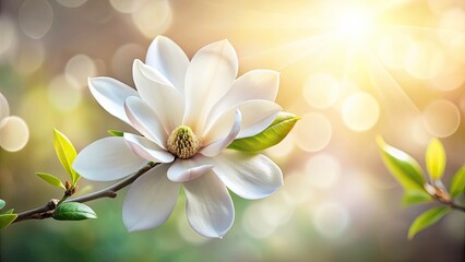 Fototapeta premium White Magnolia Blossom on a Branch with Delicate Petals in Soft Focus - Ideal for Nature and Floral Themes