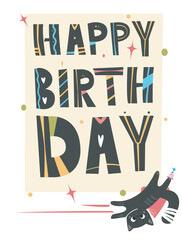 Creative Happy Birthday card design with bold, colorful letters, playful patterns, and a cute black cat wearing a party hat. Fun and festive concept. Vector illustration