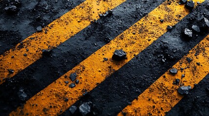 Coal Dust Warning: Striking close-up texture shot of black coal dust scattered on a surface marked with diagonal yellow and black hazard stripes, conveying a sense of caution and industrial intensity.