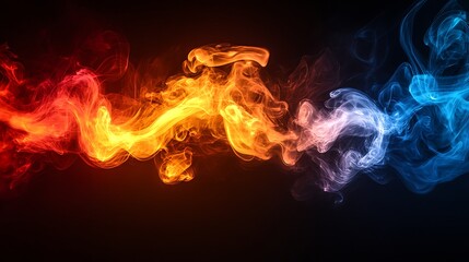 Fototapeta premium Abstract Fire and Ice: A mesmerizing swirl of fiery orange and cool blue smoke billows across a dark background, creating an ethereal and dramatic abstract composition.